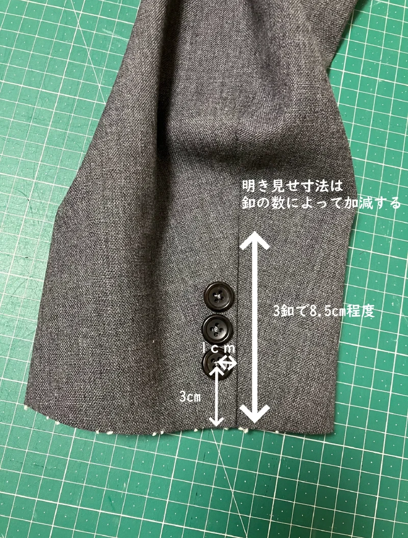 あきみせにしてボタンを付けた袖口。