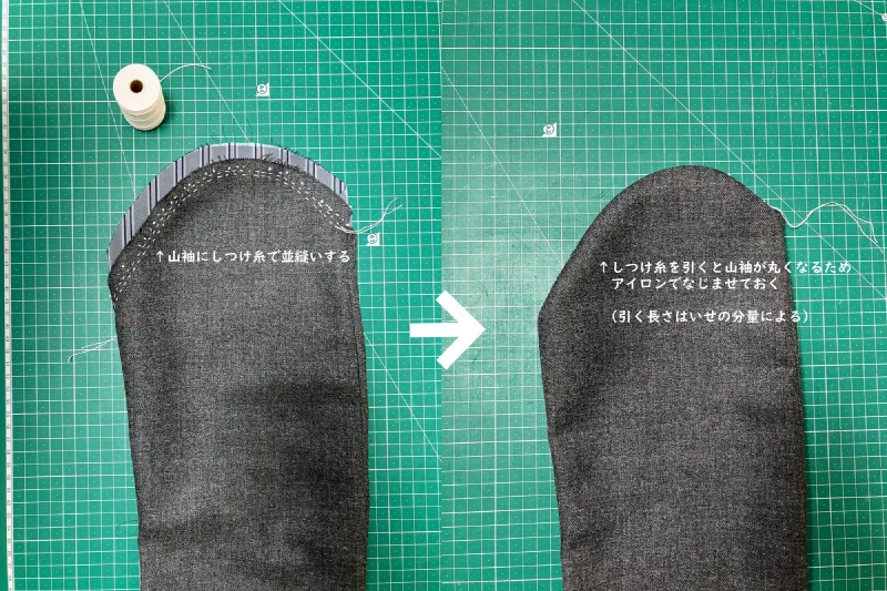 山袖のいせ。左がしつけ糸で並縫いをしたところ、右が糸を引いて丸みを付けたところ。