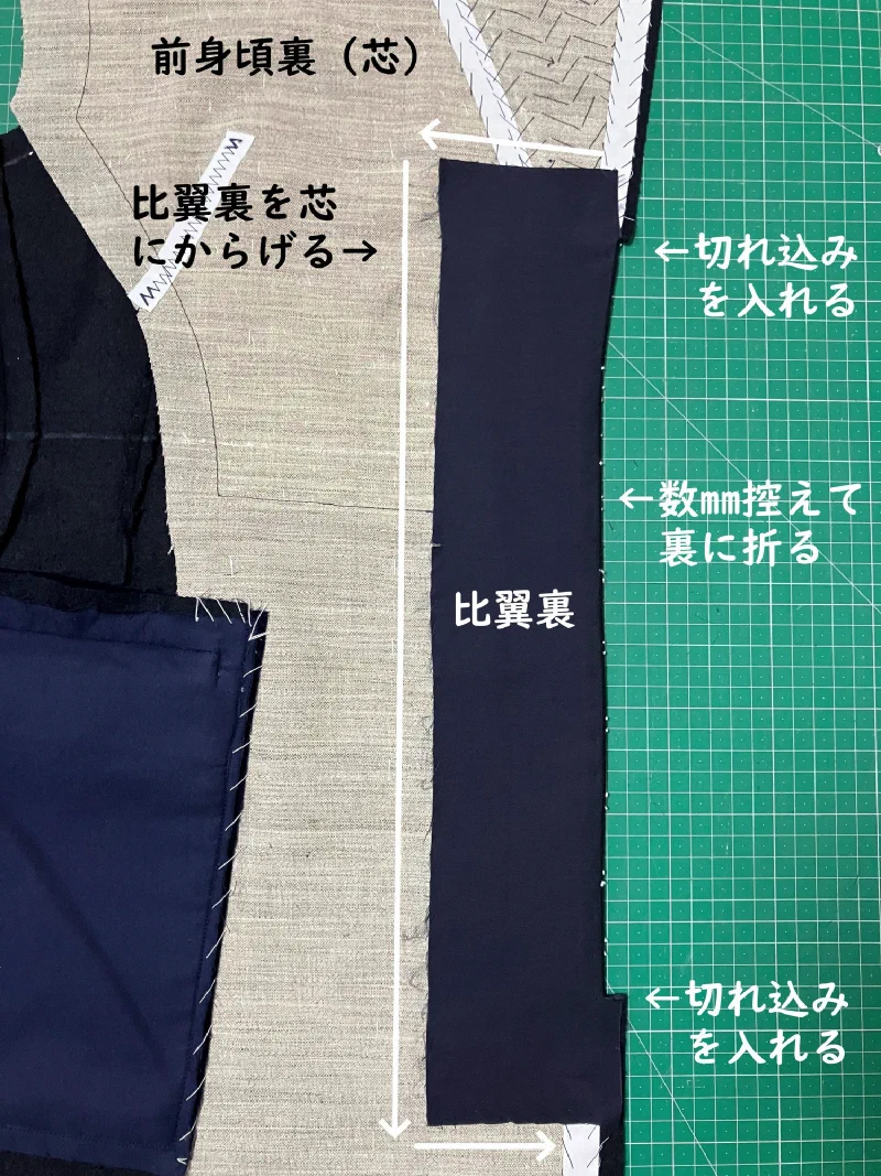裏へ折り、芯にからげる。