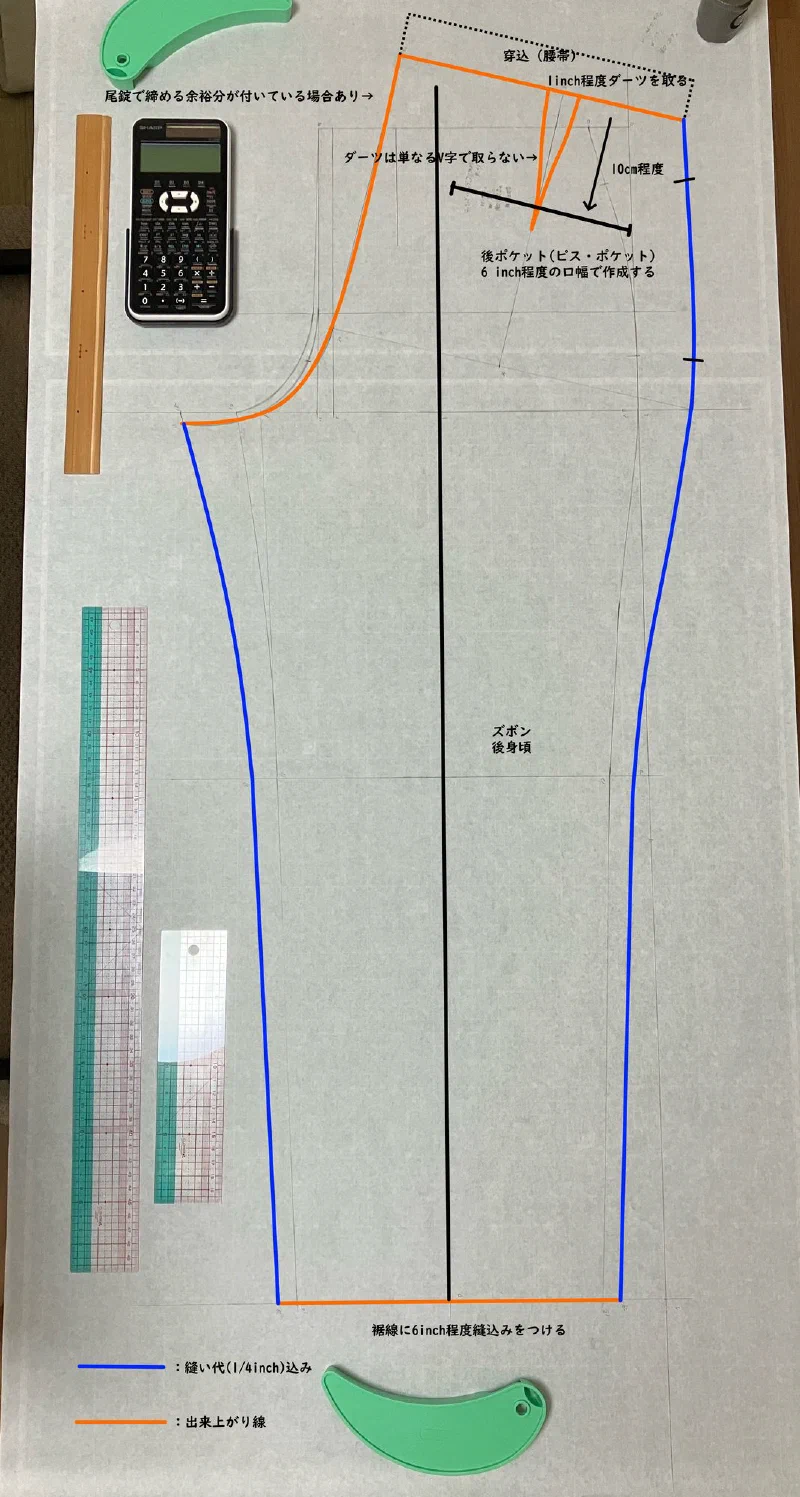 後身頃の製図。青が縫い代(1/4インチ)込みの線、橙が仕上がり線。