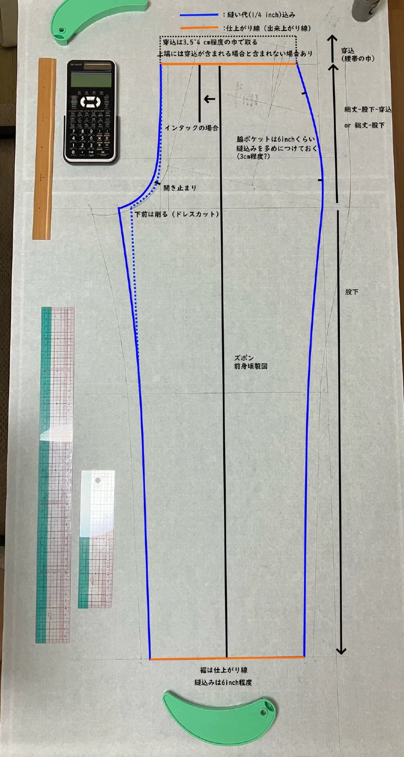 前身頃の製図。青が縫い代(1/4インチ)込みの線、橙が仕上がり線。破線はインタックにする場合。