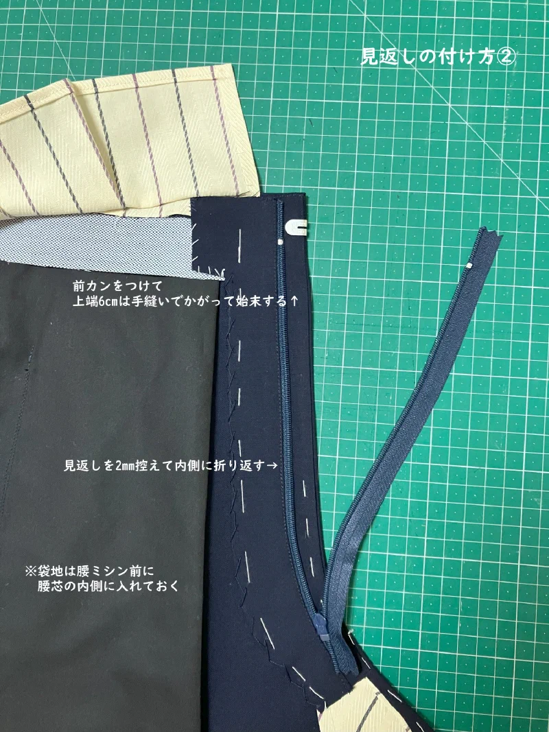 見返しを折り返し、前カンを付けたところ。