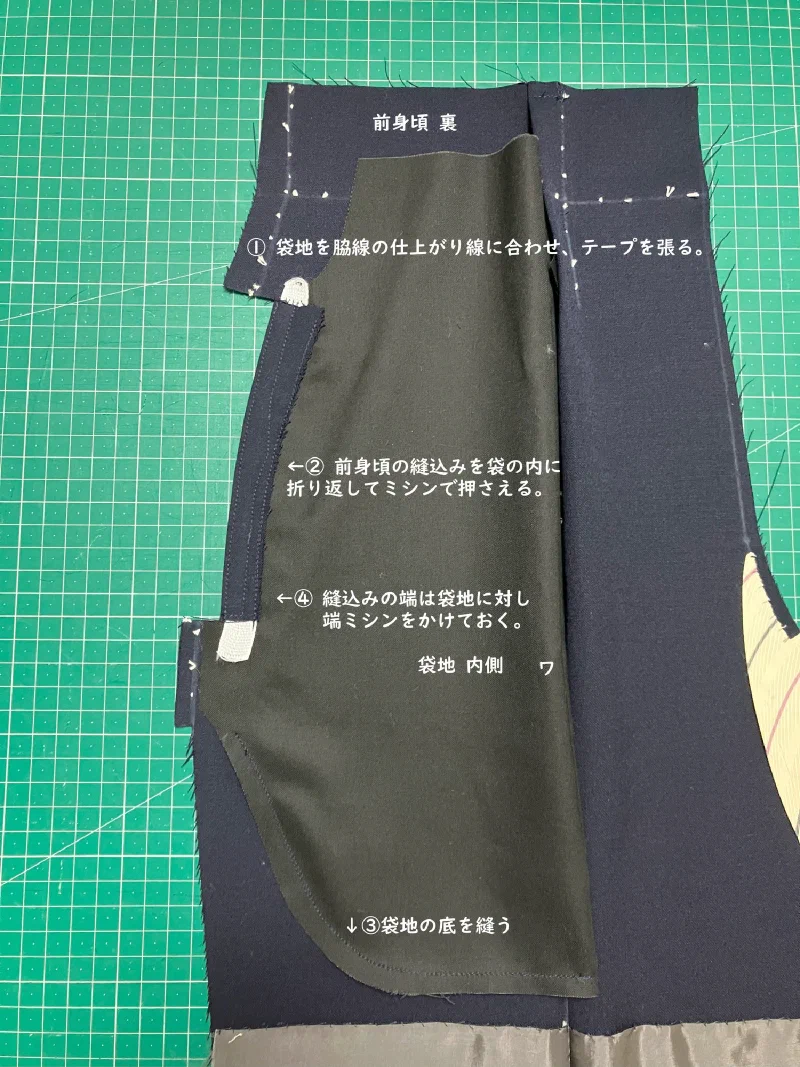 前身頃の裏。袋地を脇線に合わせたところ。
