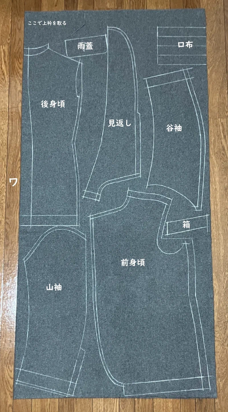 二つ折りにした差し込み。左端が折り目(ワ)。上衿は左上の余りから取る。