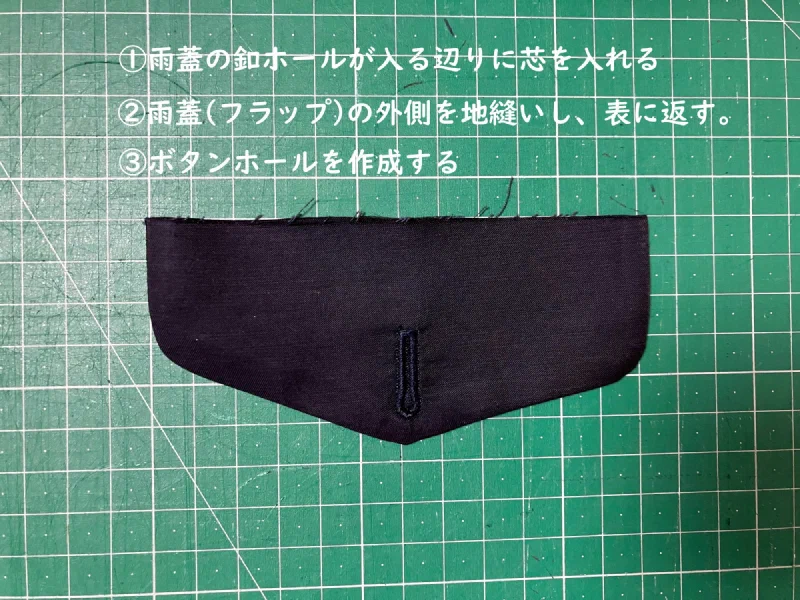 表に返してボタンホールを作った雨蓋。