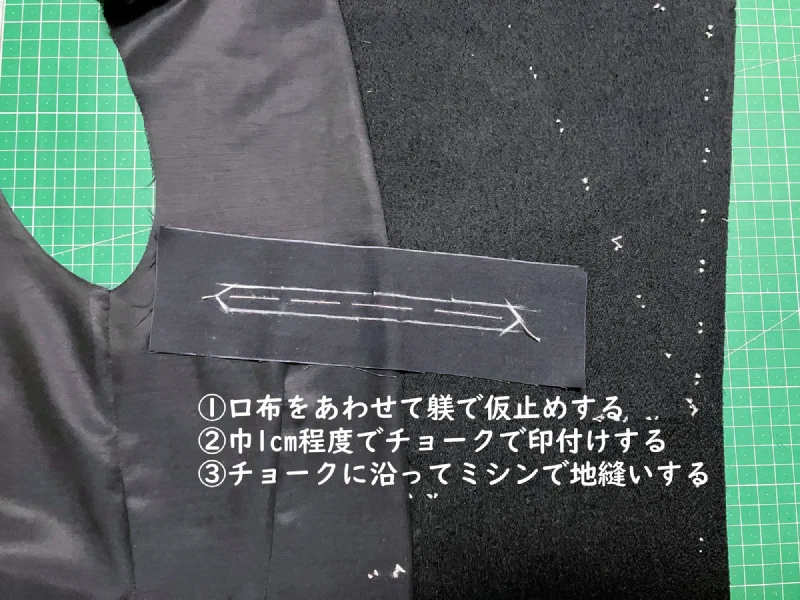 口布を仮止めし、巾1cmの印に沿って地縫いする。