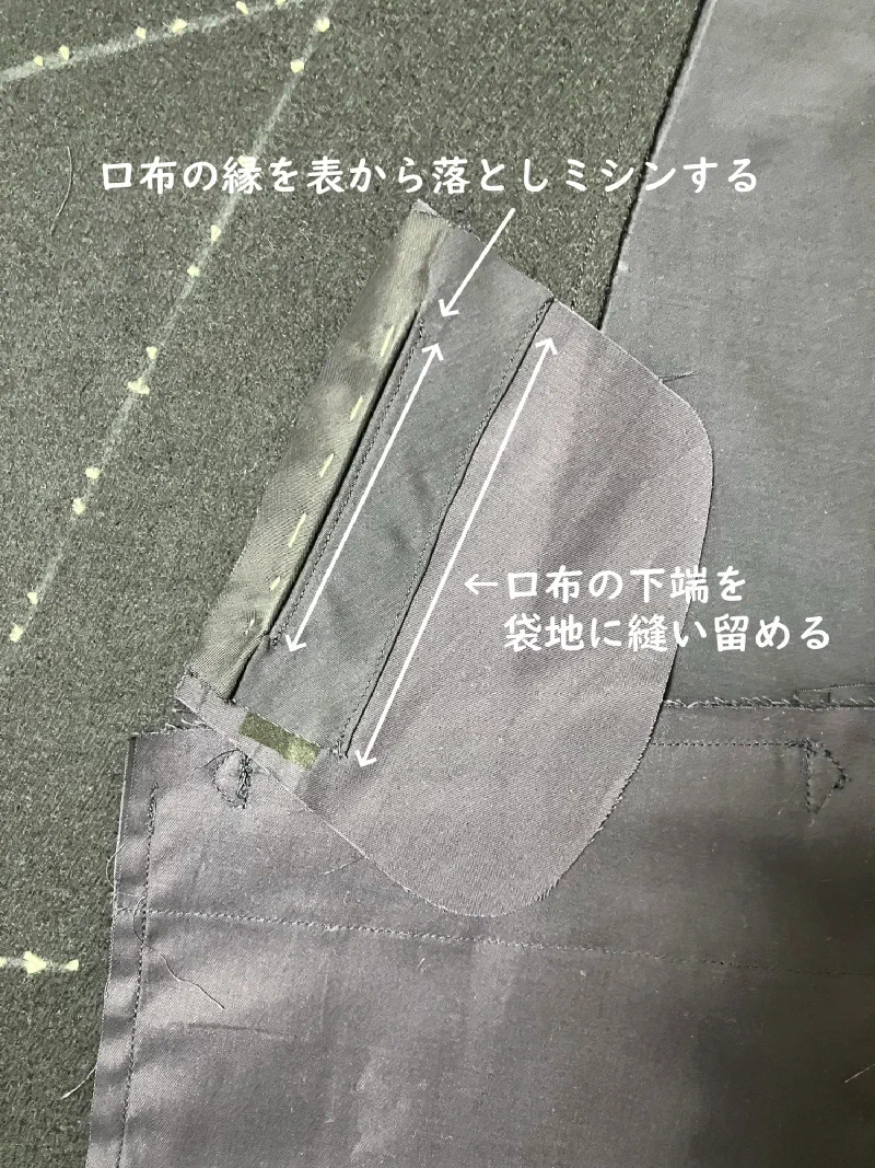 口布の縁に落としミシンをかけ、下端を袋地に縫い留める。