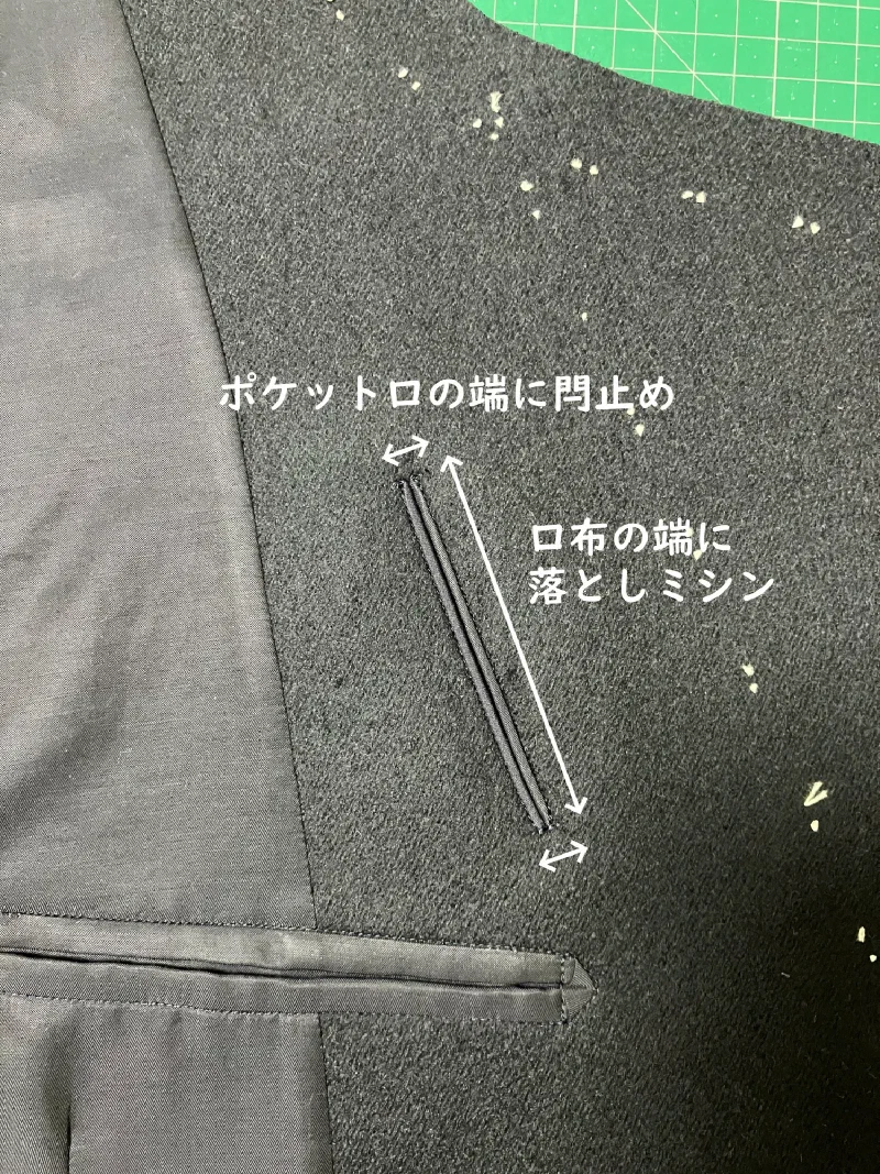 口布の端に落としミシンをかけ、端に閂止めを入れる。